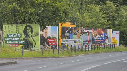 Wahlplakate verschiedener Paeteien stehen in einer Reihe auf einem Grünstreifen in Berlin.
