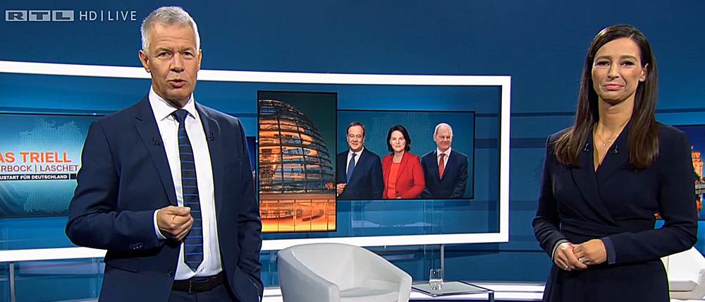 Peter Kloeppel und Pinar Atalay führten durch das erste Kanzlerkandidatinnen-Triell auf RTL und ntv.