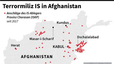 Karte mit Anschlägen des ISKP in Afghanistan.