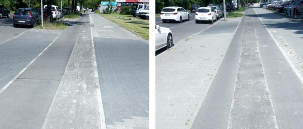 Bei Bauarbeiten aufgerissener und wieder notdürftig zugeschütteter neuer Radweg in Berlin-Siemensstadt.
