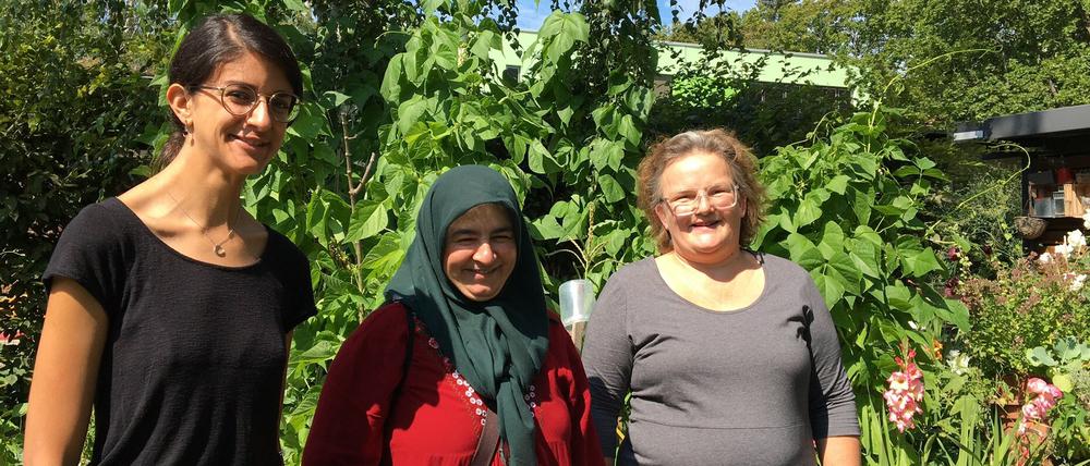 Zwischen Gladiolen und Bohnen. Anouk Mayadoux, Hafize Ayer und Alexandra Däxl im interkulturellen Garten der Villa Lützow.