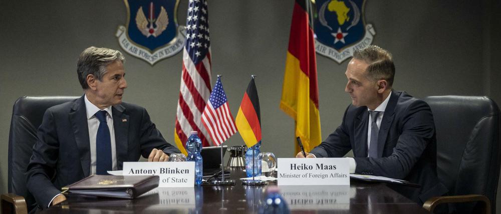 US-Außenminister Antony Blinken (links) und Bundesaußenminister Heiko Maas.bei einer virtuellen Konferenz.