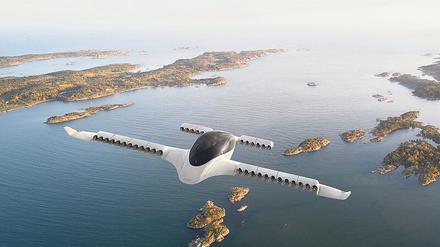 Senkrechtstarter. Das Elektro-Flugtaxi des Herstellers Lilium beim morgendlichen Flug über Inseln. 