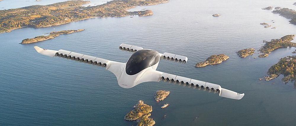 Senkrechtstarter. Das Elektro-Flugtaxi des Herstellers Lilium beim morgendlichen Flug über Inseln.