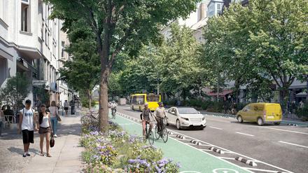 Die Visualisierung zeigt die Perspektive von der Gartenstraße Richtung Rosenthaler Platz.