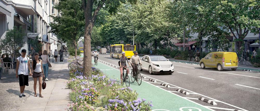Die Visualisierung zeigt die Perspektive von der Gartenstraße Richtung Rosenthaler Platz.