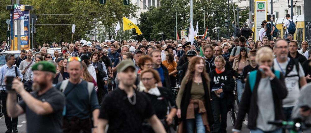 Zahlreiche Menschen bei einer verbotenen Demonstration gegen die Corona-Politik der Bundesrepublik