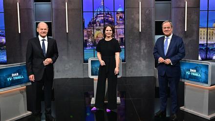 Die Spitzenkandidaten Olaf Scholz (SPD), Annalena Baerbock (Grüne) und Armin Laschet (CDU, v.l.n.r.) beim letzten TV-Triell. 