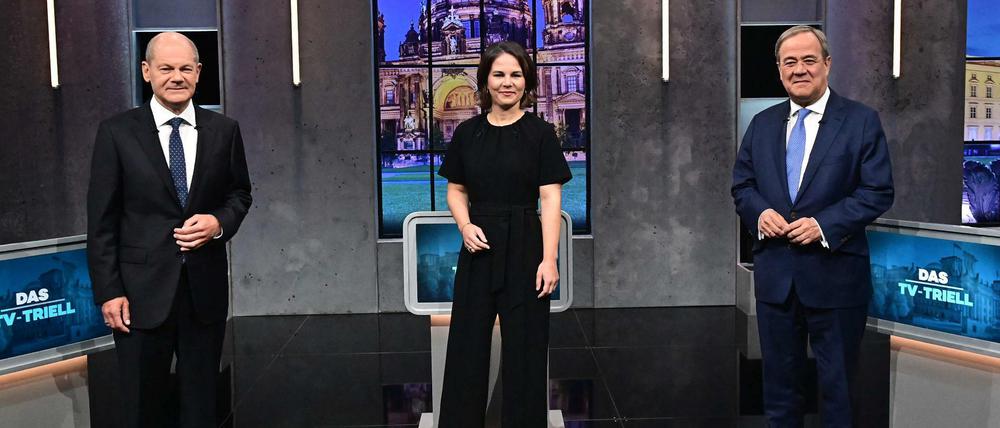 Die Spitzenkandidaten Olaf Scholz (SPD), Annalena Baerbock (Grüne) und Armin Laschet (CDU, v.l.n.r.) beim letzten TV-Triell.
