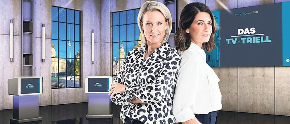 Das letzte Triell vor der Bundestagswahl wird von den Privatsendern ProSieben und Sat 1 veranstaltet und auch von Kabel Eins übertragen. Annalena Baerbock von den Grünen, Armin Laschet von der CDU und der SPD-Spitzenkandidat Olaf Scholz stellen sich ab 20 Uhr 15 den Fragen von Claudia von Brauchitsch (l.) und Linda Zervakis. 