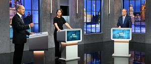 Mehr bürgernahe Themen. Das dritte Triell mit Olaf Scholz (links), Annalena Baerbock und Armin Scholz bei den Sender der ProSiebenSat1-Gruppe. 