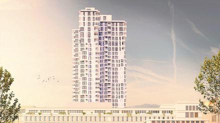 Das Fassadenbild des 120 Meter hohen Turmes wird von einer deutlichen Ablesbarkeit der Geschosse durch großzügige Glasflächen und Aluminiumpaneele geprägt, verspricht die Werbebroschüre von „ÜBerlin“. 