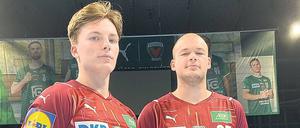 Europa kann kommen. Die Füchse-Spieler Nils Lichtlein (l.) und Paul Drux in ihren neuen Trikots – extra für die European League.