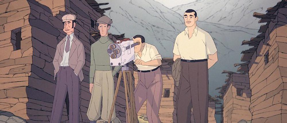 Hähne im Visier. Regisseur Luis Buñuel (r.) und sein Filmteam.