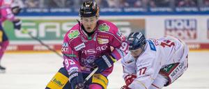 Leo Pföder (links) und die Eisbären hatten gegen Düsseldorf (Mike Fische) alle Hände voll zu tun. 