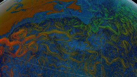Durchgewirbelt: Meeresströmungen im Nordatlantik bilden ein komplexes Muster. Als Folge der aktuellen Erwärmung verliert ein Antrieb, der Temperaturunterschied zwischen Pol und Äquator, derzeit messbar an Kraft. 