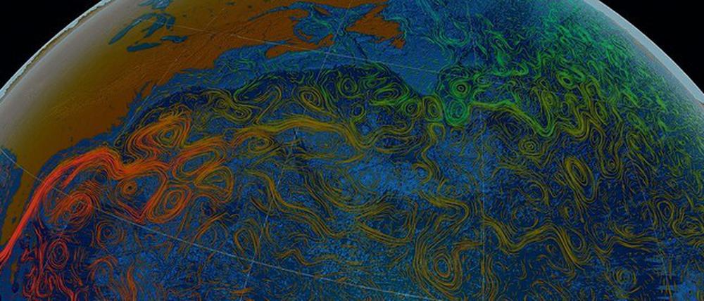 Durchgewirbelt: Meeresströmungen im Nordatlantik bilden ein komplexes Muster. Als Folge der aktuellen Erwärmung verliert ein Antrieb, der Temperaturunterschied zwischen Pol und Äquator, derzeit messbar an Kraft.