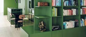 Mittelpunkt in Froschgrün. Rund um die „Green Box“ spielt sich in dieser Wohnung der Alltag ab. 