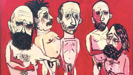 Verbeugung vor einer Verbindung. „Kampfgruppe“ von Peter Herrmann, 1995. Zu sehen v.l.n.r. Peter Makolies, Peter Herrmann, Peter Graf, Jürgen Böttcher, A.R. Penck.