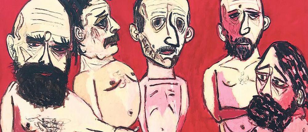 Verbeugung vor einer Verbindung. „Kampfgruppe“ von Peter Herrmann, 1995. Zu sehen v.l.n.r. Peter Makolies, Peter Herrmann, Peter Graf, Jürgen Böttcher, A.R. Penck.