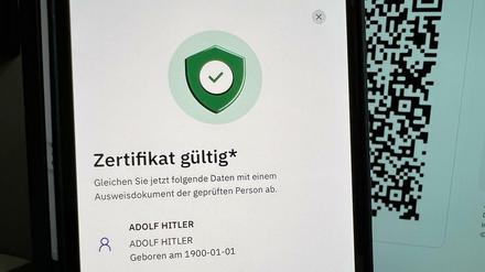 Gültiges Zertifikat mit Fakenamen in der deutschen „CovPass Check“-App.