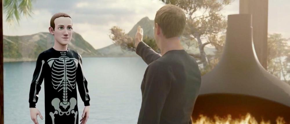 Facebook Chef Mark Zuckerberg zeigt mit seinem Avatar die Vision vom Metaversum.