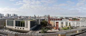 Das Humboldt-Forum Berlin im Berliner Stadtschloss, Blick von der Dachterrasse auf den Werderschen Markt und die Freifläche für die Schinkelsche Bauakademie.
