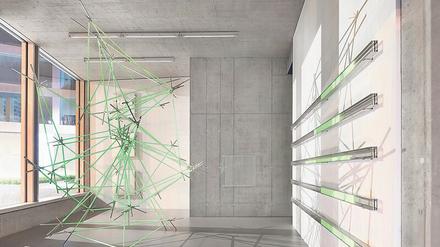 Haypeters fragile Skulptur „Structure“ leuchtet nachts fluoreszierend.