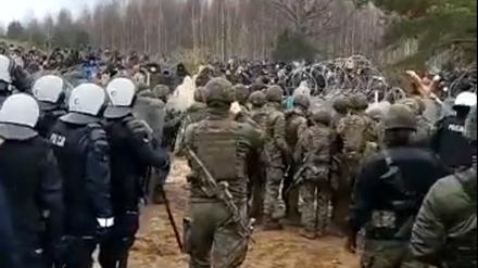 Polnische Polizisten halten Migranten an der Grenze zu Belarus auf.