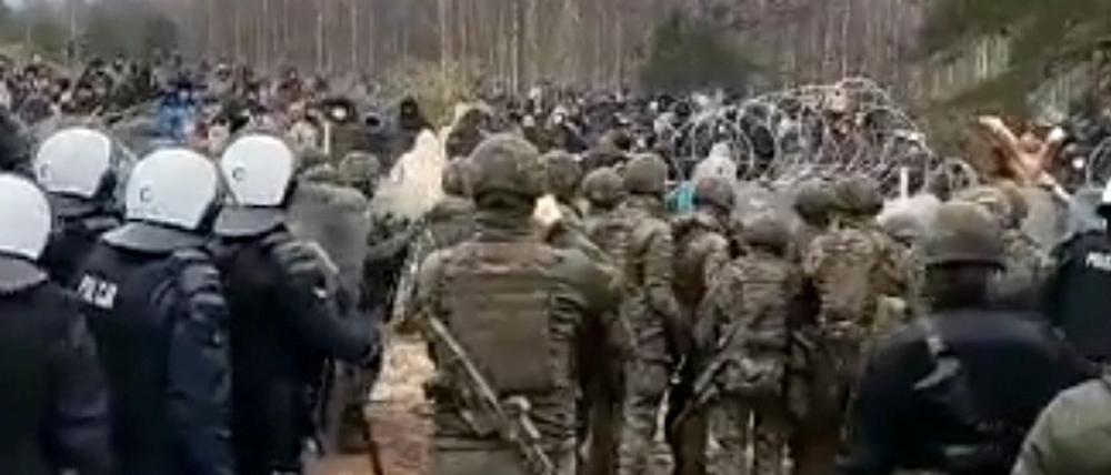 Polnische Polizisten halten Migranten an der Grenze zu Belarus auf.