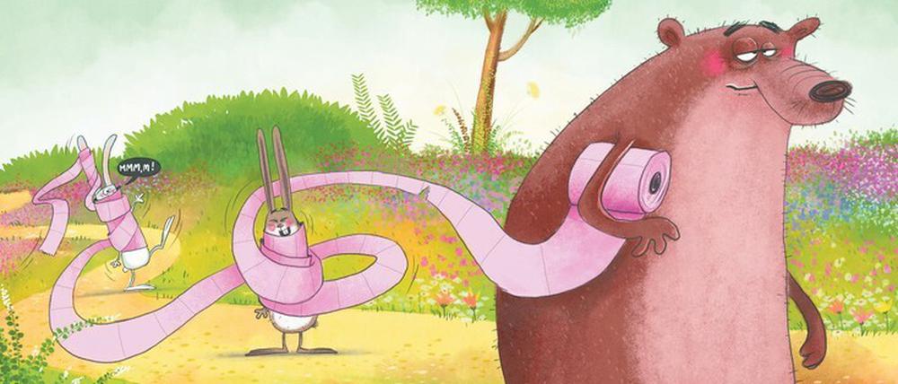 Raus aus dem Winterschlaf, auf zum Klo. Der Bär merkt gar nicht, wie die Hasen sich einen Mumien-Spaß machen.