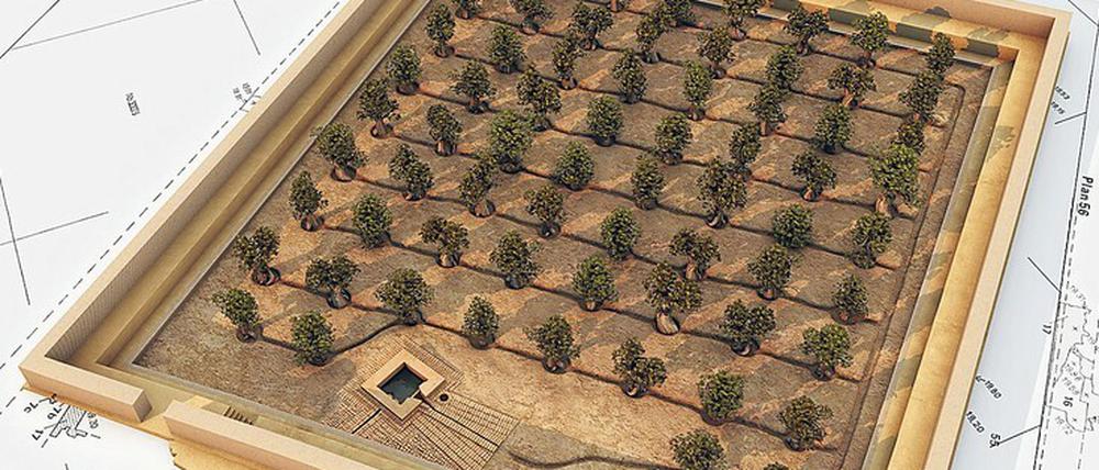 Der Große Hof im Zentrum von Uruk. Ein ausgefeiltes Grabensystem versorgte die Anlage mit Wasser. 