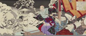 „Taira no Kiyomori sieht die Schädel seiner Feinde im verschneiten Garten“ von Tsukioka Yoshitoshi (1839–1892). Meiji-Zeit, 1882.