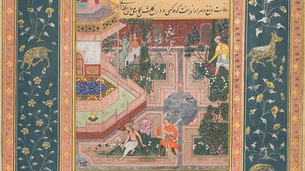 Gärten der Lüste. Der persische Großkönig Bahram Gur besucht die Prinzessin im blauen Pavillon, eine iranische Buchillustration aus dem 16./17. Jahrhundert. 
