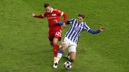 Niklas Stark (re.) im Zweikampf mit dem inzwischen an Mainz ausgeliehenen Unioner Marcus Ingvartsen. Das war vor knapp einem Jahr, Hertha gewann 3:1. 