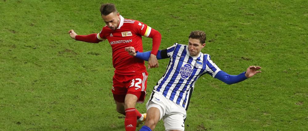 Niklas Stark (re.) im Zweikampf mit dem inzwischen an Mainz ausgeliehenen Unioner Marcus Ingvartsen. Das war vor knapp einem Jahr, Hertha gewann 3:1. 