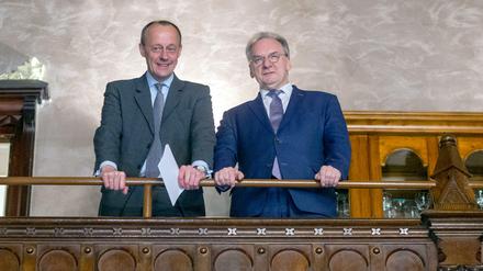 Friedrich Merz und Reiner Haseloff beim Jahresempfang der CDU von Sachsen-Anhalt im Februar 2020