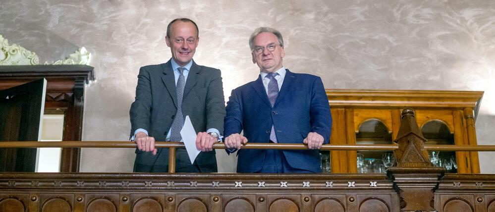 Friedrich Merz und Reiner Haseloff beim Jahresempfang der CDU von Sachsen-Anhalt im Februar 2020