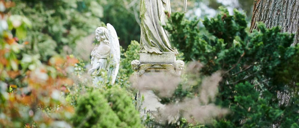 Zwei Engel stehen als Grabzierde auf einem Friedhof in Berlin.