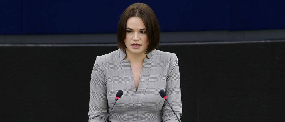 Swetlana Tichanowskaja, belarussische Oppositionspolitikerin, vor dem Europäischen Parlament