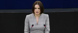 Swetlana Tichanowskaja, belarussische Oppositionspolitikerin, vor dem Europäischen Parlament