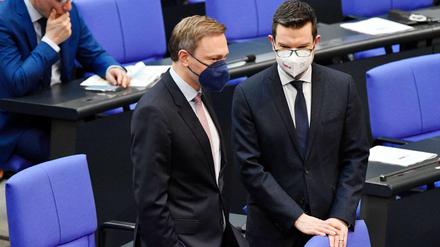 FDP-Chef Christian Lindner und der designierte Bundesjustizminister Marco Buschmann im Bundestag.