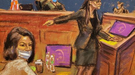 Ghislaine Maxwell beim Prozessauftakt während des Eröffnungsplädoyers der Staatsanwältin, festgehalten von einem Zeichner.