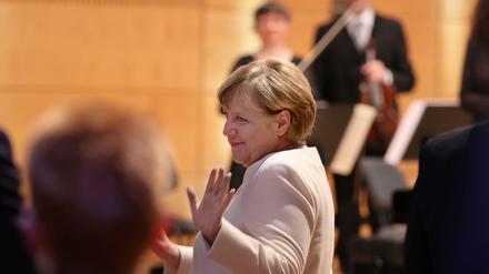 Bundeskanzlerin Angela Merkel bei der Feier zum 31. Jahrestag der Deutschen Wiedervereinigung in Halle (Saale) im Oktober 2021.