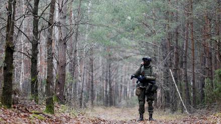 Ein polnischer Soldat kontrolliert das Grenzgebiet zu Belarus.