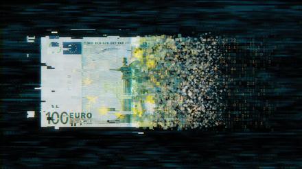 Pixelated european union currency on dark background