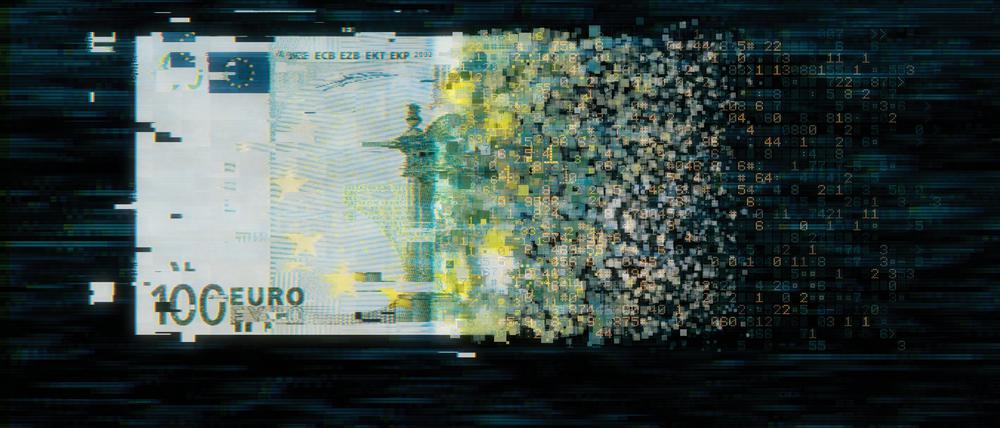 Pixelated european union currency on dark background