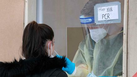 Einer Frau wird auf einer Teststation im süddeutschen Ludwigsburg eine Probe für einen PCR-Test entnommen.