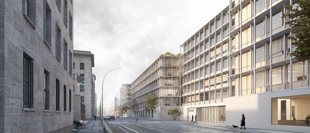 Die Außenperspektive (Wilhelmstraße/Ecke Leipziger Straße) des Siegerentwurfs von Staab Architekten GmbH, Berlin