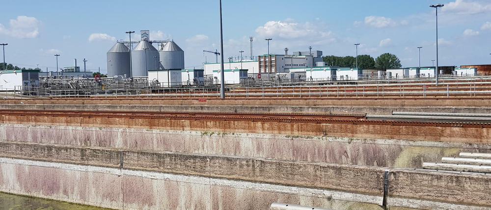 Das Klärwerk Schönerlinde nördlich von Pankow reinigt pro Tag mehr als 100.000 Kubikmeter Abwasser. In den Faultürmen wird aus Klärschlamm Methan (Biogas) gewonnen.
